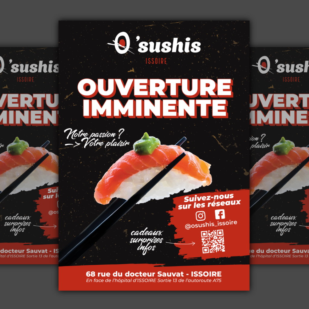 Flyer-pas-cher-rouge-et-noir-imprimé-pour-le-lancement-d'O'Sushis-Issoire.