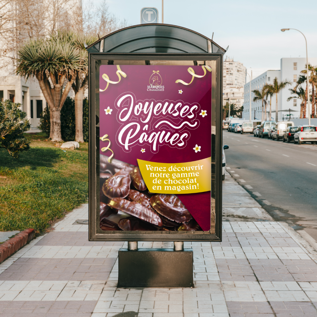 Affiche-publicitaire-rouge-et-or-présentant-l'opération-promotionnelle-du-Marquis-de-Chamalières-pour-les-chocolats-de-Pâques.