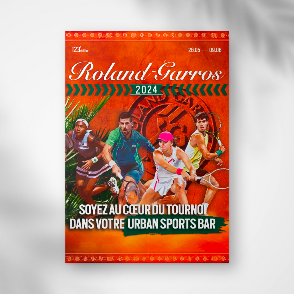 Affiche-promotionnelle-pour-la-diffusion-de-Rolland-Garros-2024-chez-Urban-Sports-Bar.