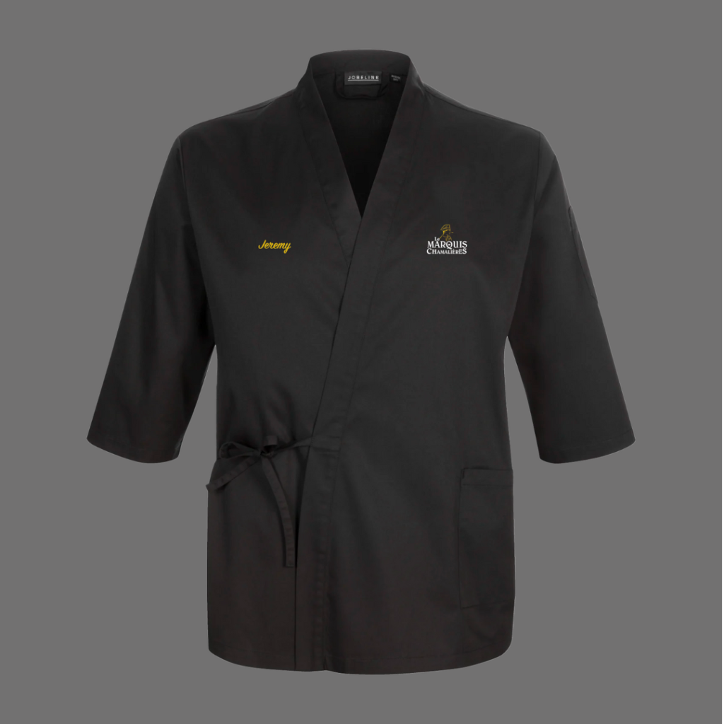Blouse-personnalisée-noire-et-or-Le Marquis-de-Chamalières.