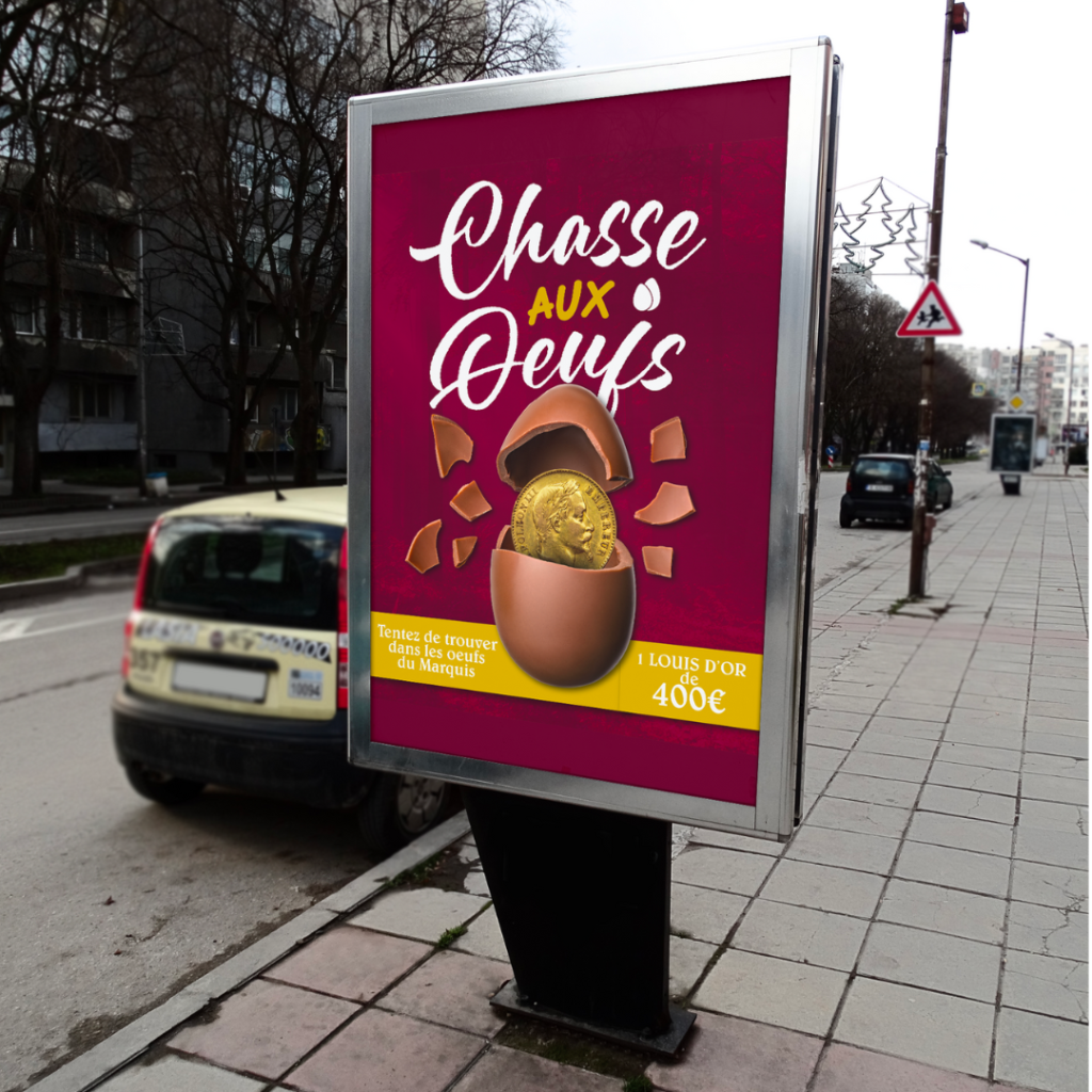Panneau-signalétique-présentant-une-affiche-publicitaire-rouge-et-or-pour-Le-Marquis-de-chamalières.