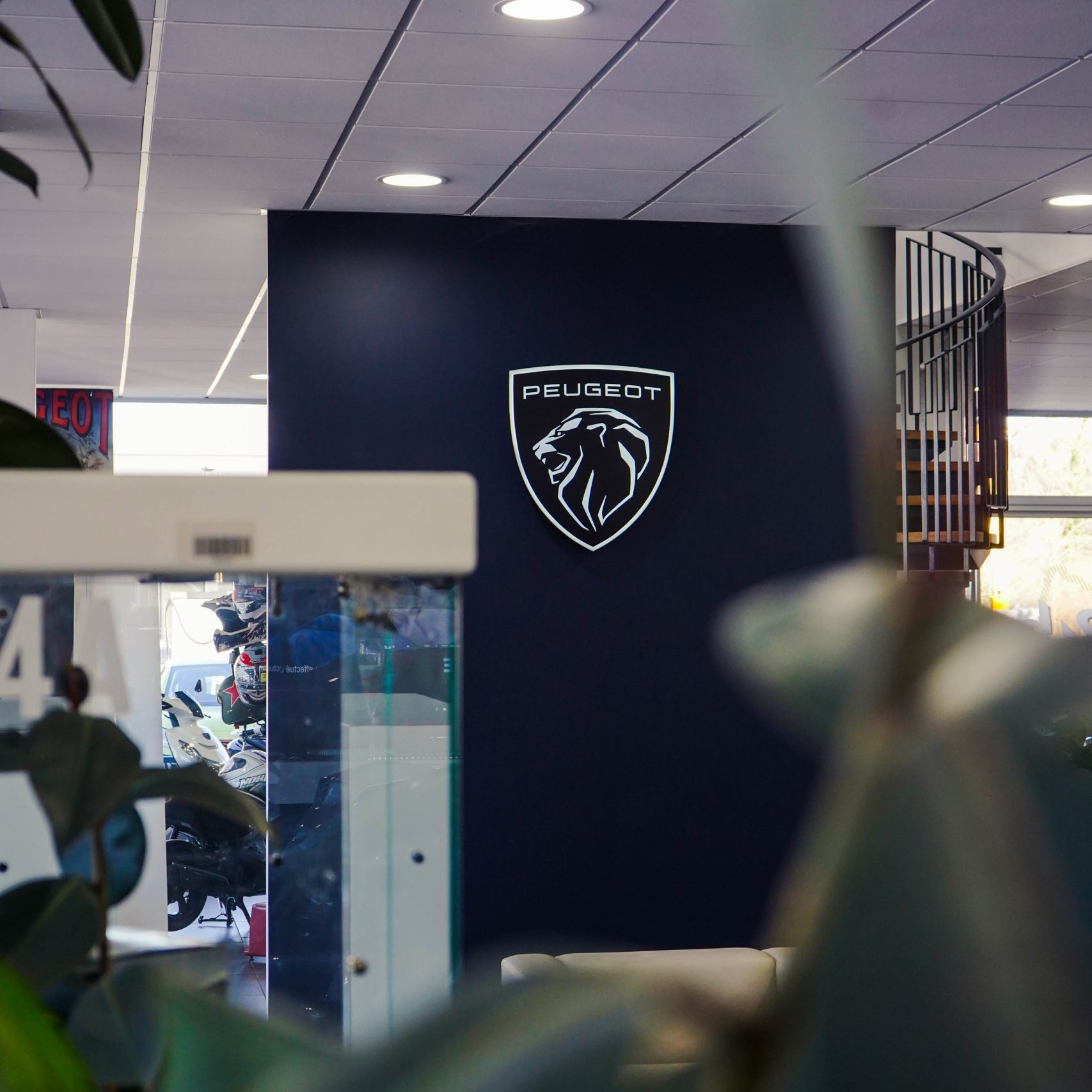 Vue intérieure d’une concession Peugeot avec logo mural, photographie réalisée par Clap Agency dans le cadre de ses services de communication à Clermont-Ferrand, exemple de réalisation en communication 360° à Clermont.